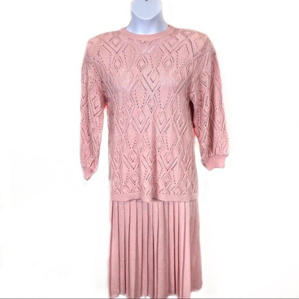 Pink Sweater Skirt Set Vintage Made in the USA Drop Waist Open Weave Size 10